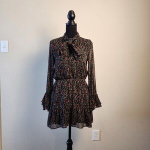 Zara Basic Black Floral Mini Dress With Bow Tie Neck and Ruffle Sleeves Size S